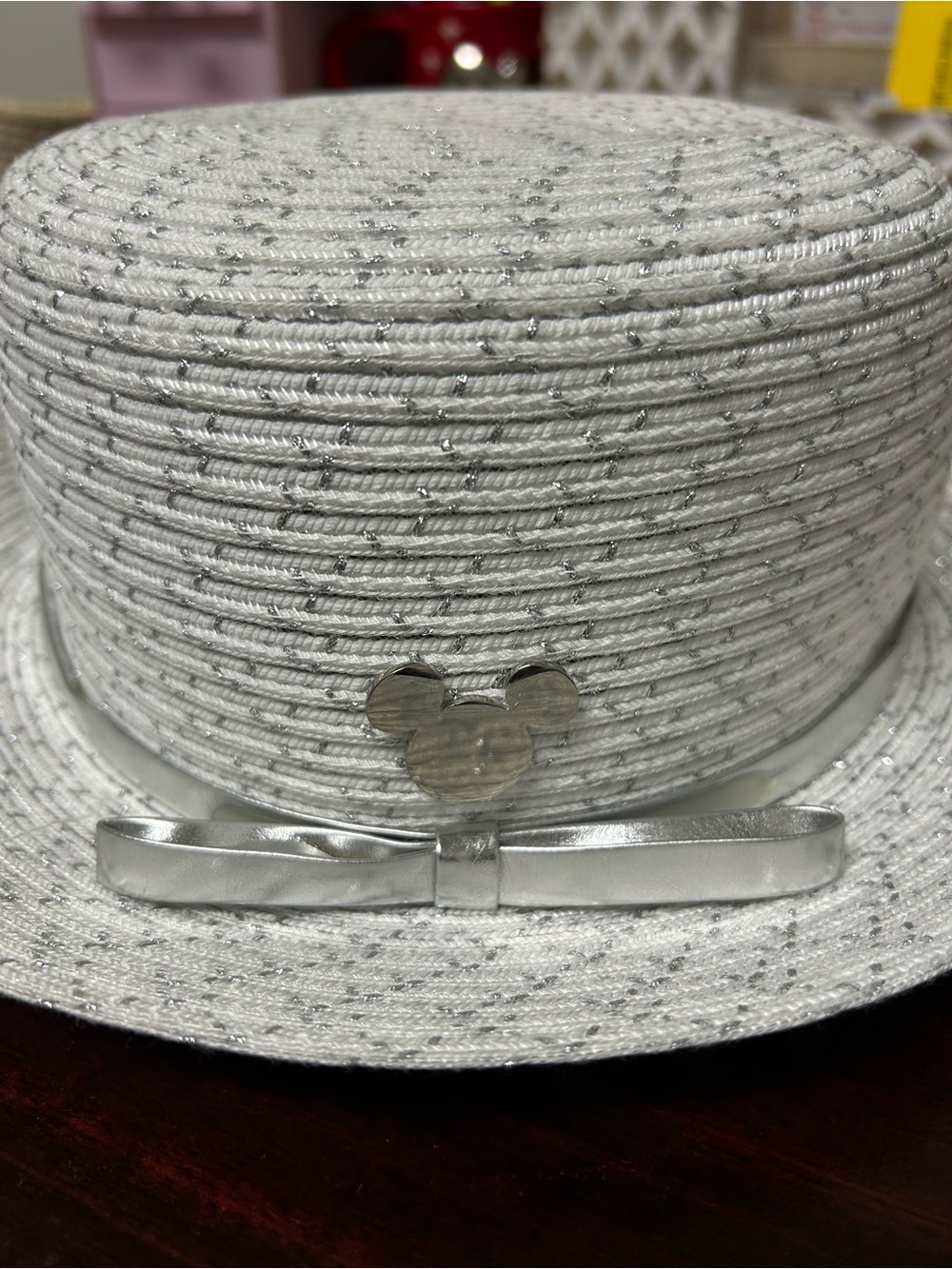 Disney Parks Silver Lurex Straw Boater Hat Mickey Mouse One Size